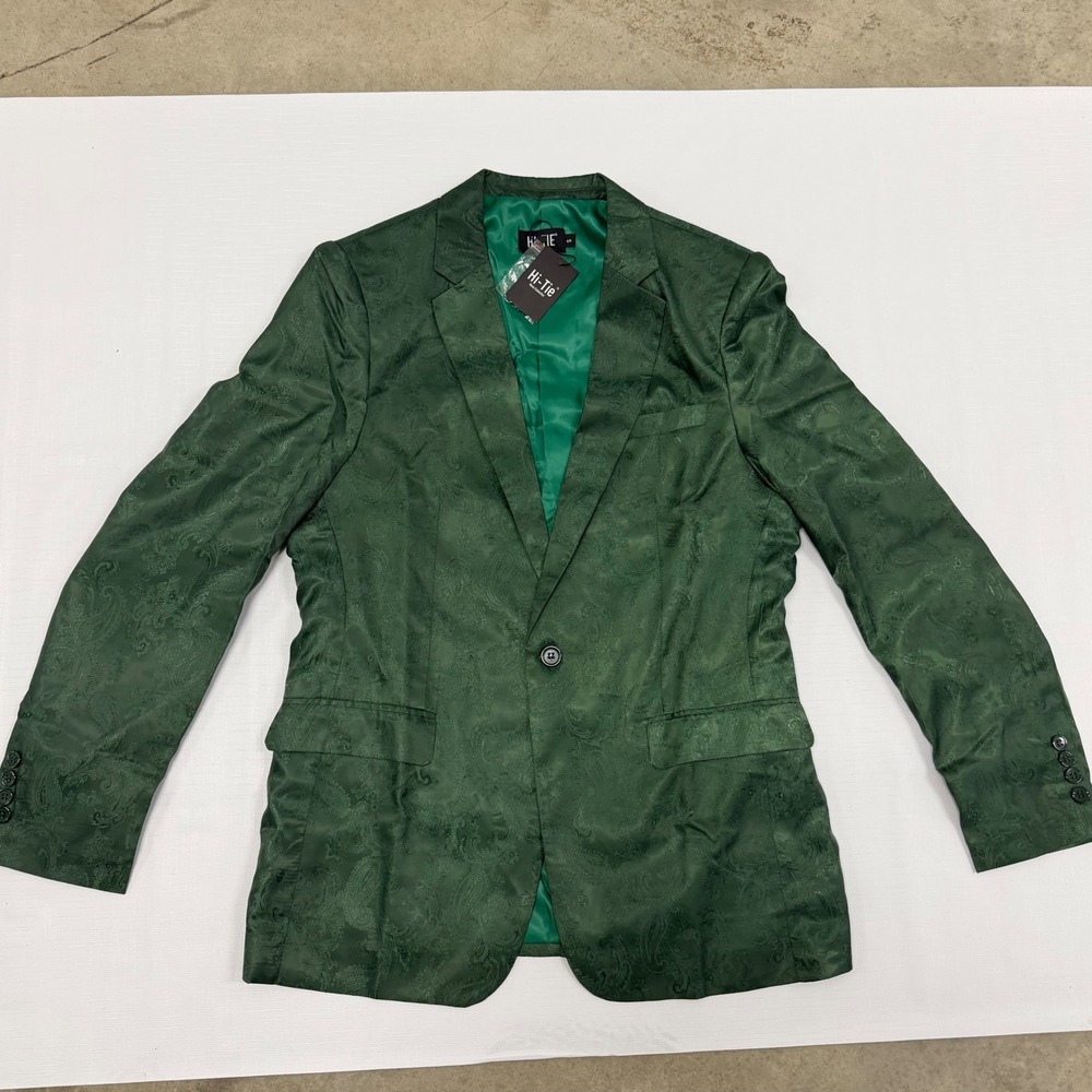 Hi-Tie Mens Emerald Green Paisley Jacquard Blazer Single Button Suit Jacket S